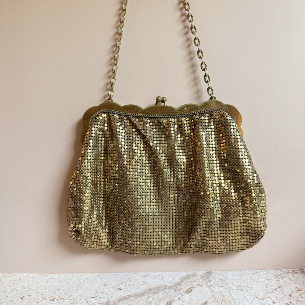 Whiting & Davis Gold Mesh Evening Bag Purse USA Signed 2911 Art Deco Mid Century